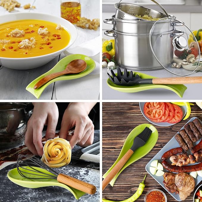 Hasense Spoon Rest for Stove Top, Large Ceramic Spoon Holder for Kitchen Counter, Cooking Utensil Rest for Spatula Ladle Spoon and Tong, Kitchen Spoon Rest for Home and Coffee Bar Accessories, Green
