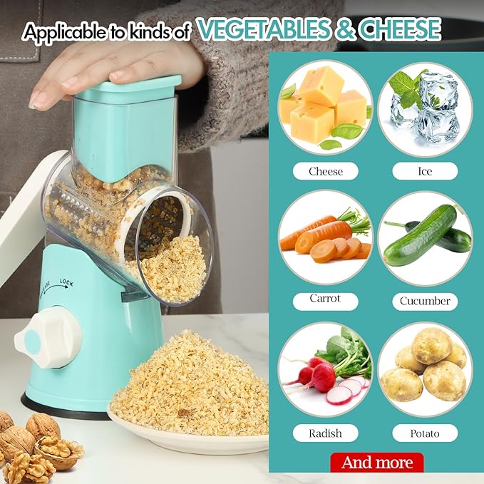 Ourokhome Rotary Cheese Grater Hand Crank, Kitchen Shredder Speed Mandolin Slicer Ice Shaver with Handle and Drum Blades for Cheese, Vegetable, Nuts, Chocolate, Potato, Carrot, 5 Blades, Blue