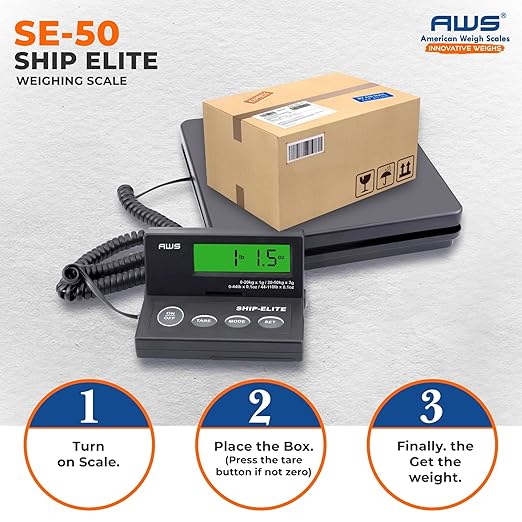 American Weigh Scales Digital Shipping Scale | Highly Accurate Multifunctional Postal Package & Luggage Weighing Scale | 110 lbs x 0.1 oz | Backlit LCD | Battery & AC Adapter | Compact Platform