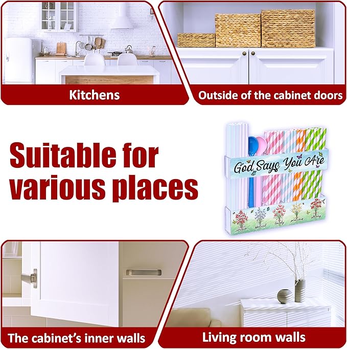 Acrylic Straw Holder for Cabinet Door or Countertop - Clear Organizer & Dispenser with Stickers for Reusable Tumbler Straws, Space-Saving Kitchen Accessories Container, Cupboard Storage