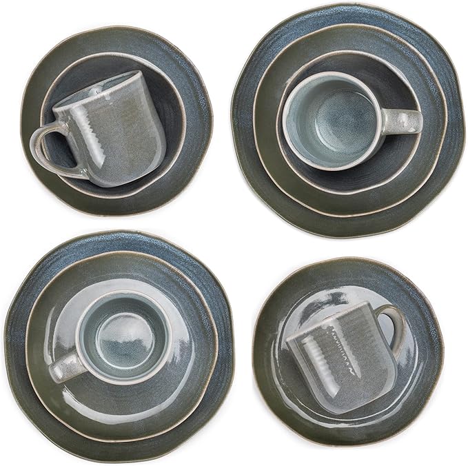 Elanze Designs Reactive Glaze Farmhouse Rustic Boho Ceramic Stoneware Dinnerware 16 Piece Plate Bowl Mug Dish Set - Service for 4, Ocean Teal Blue