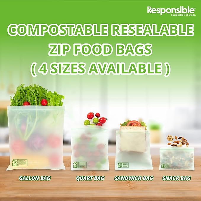 Certified Compostable QUART Resealable Zip Bag, Extra Strength Food Bags, Plant-Based Freezer-Safe (58 Pack)