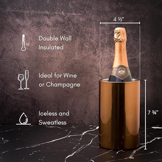 Wine Chiller for Bottles (Copper) - Champagne Bucket, Elegant Wine Bottle Chiller and Champagne Cooler, Insulated Wine Bucket Keeps Wine Cool, Champagne Bottle Chiller Fits Any Single Bottle