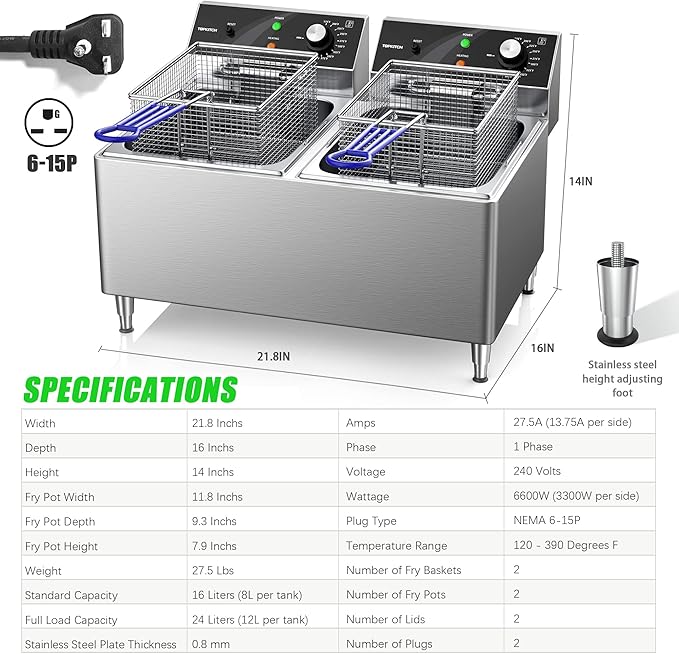 Deep fryer Commercial Deep Fryer 12L x 2/25.4QT Dual Tank Electric Deep Fryers with Basket Electric Countertop Fryer for Restaurant with 2 Frying Baskets, 3300W x 2, 240V Two 6-15 Phase Plugs