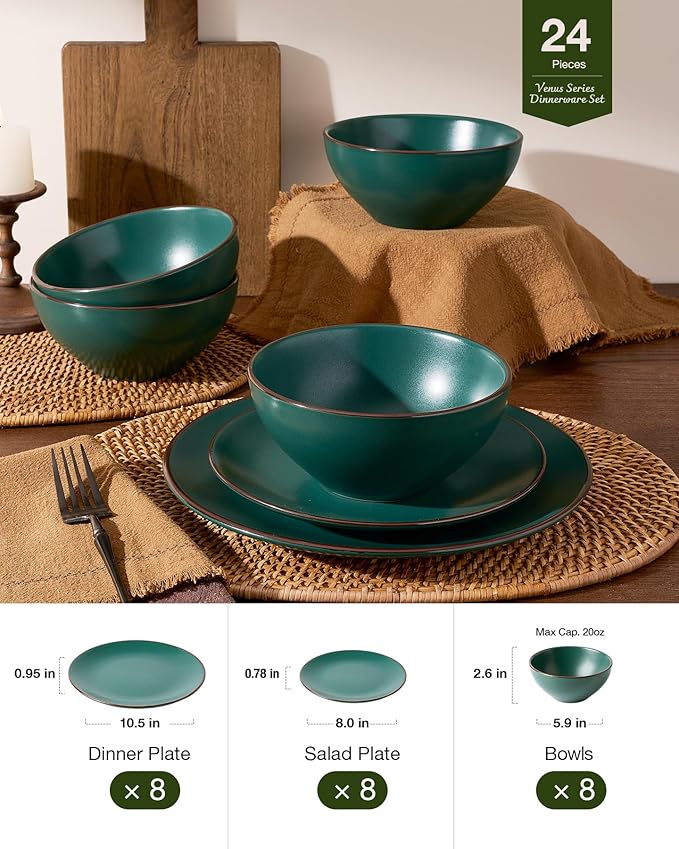 Famiware Venus Ceramic Plates and Bowls Sets, Speckled Dinnerware Dish Sets for 8 (24 Pieces) - Microwave and Dishwasher Safe, Matte Dark Green