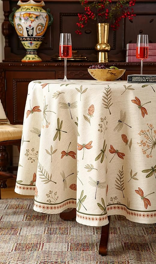 French Tablecloth for Round Tables,Linen Table Cloth with Flowers and Red and Green Dragonflies Pattern,Heavy Durable Table Cover for Dining Kitchen Decor Party Christmas,Diameter 55"