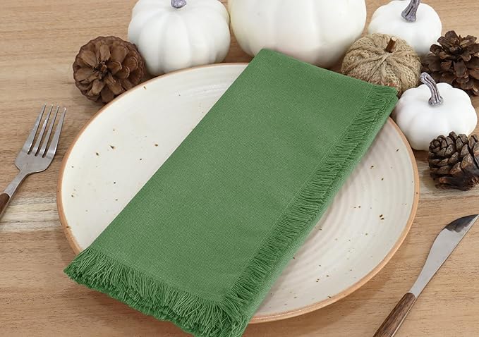 PurpleEssences Cloth Napkins with Fringes, 100% Cotton Christmas Holiday Winter Table Decor, Set of 6 18x18 Inch Reusable Dinner Napkins for Parties and Weddings - Sage Green