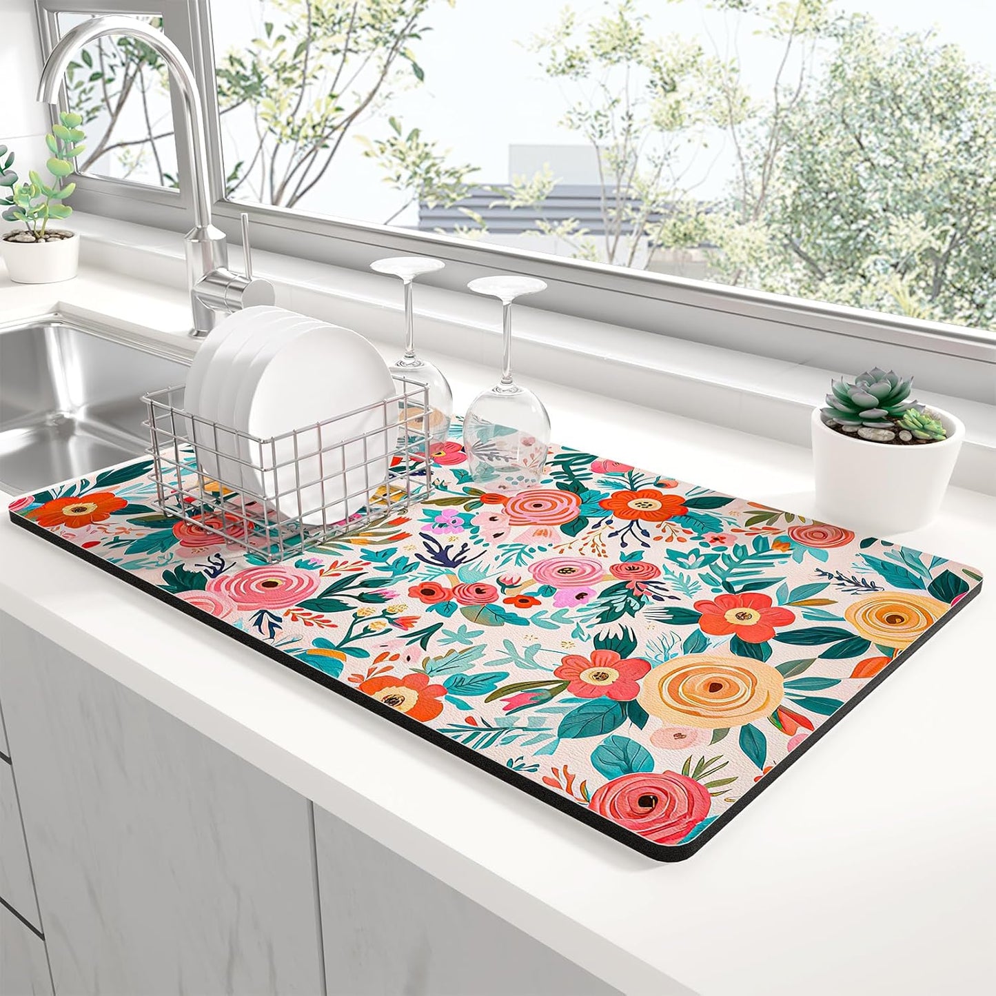 Rnivvi Dish Drying Mat for Kitchen Counter, 12 x 19" Cute Flower Super Absorbent Draining Pad, Non-Slip Heat Resistant Coffee Bar Mats for Coffee Machine Station Accessories, Colorful Dish Rack Pad