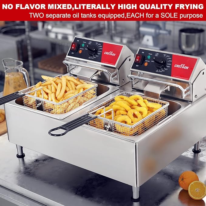 CROSSON ETL Listed Dual Tank 26Lbs Electric Deep Fryer with Solid Basket,Removable Oil Container and Height Adjustable Legs for Restaurant -120V,3600W Commercial Countertop Deep Fryer