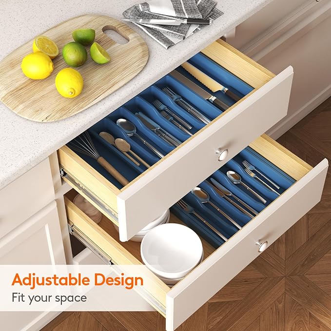 Lifewit Silverware Drawer Organizer, Expandable Utensil Tray for Kitchen, BPA Free Flatware and Cutlery Holder, Adjustable Plastic Storage for Spoons Forks Knives, Large, Dark Blue