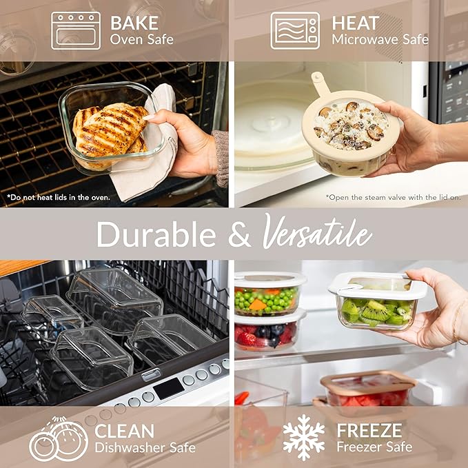 Bentgo Signature Leak-Proof Glass Food Storage - 4-Piece Set, 1-Compartment Plastic-Free Containers with Airtight Glass Lids, BPA-Free, Microwave, Freezer, Oven & Dishwasher Safe (White Stone)