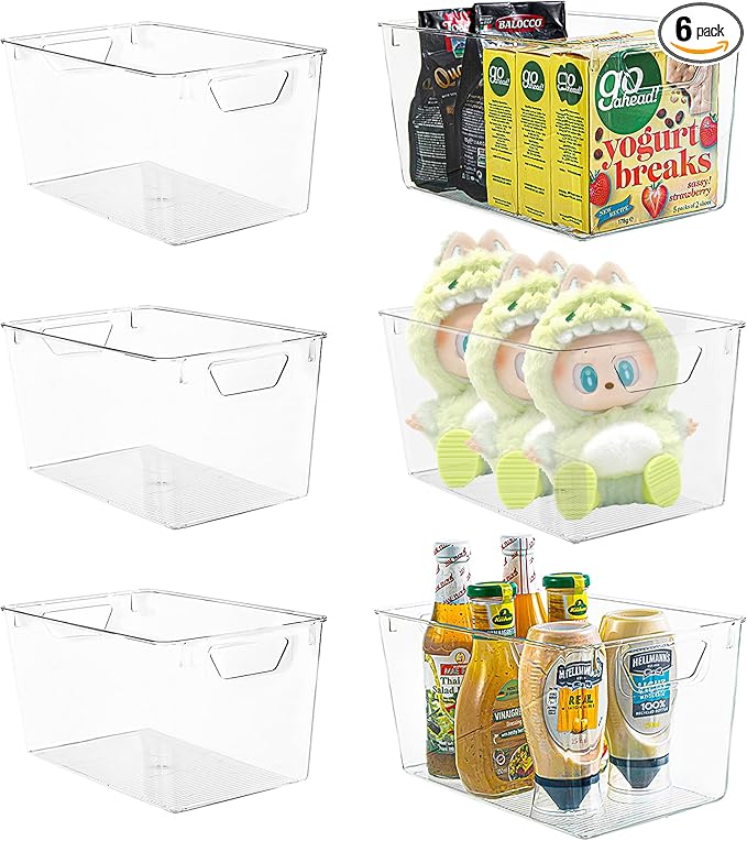 Attelite Clear Plastic Storage Bins,Large 6 Pack Pantry Organizer with Handle,BPA Free Plastic Storage Containers for Fridge,Closet,Bathroom,Under Sink and Kitchen Organization
