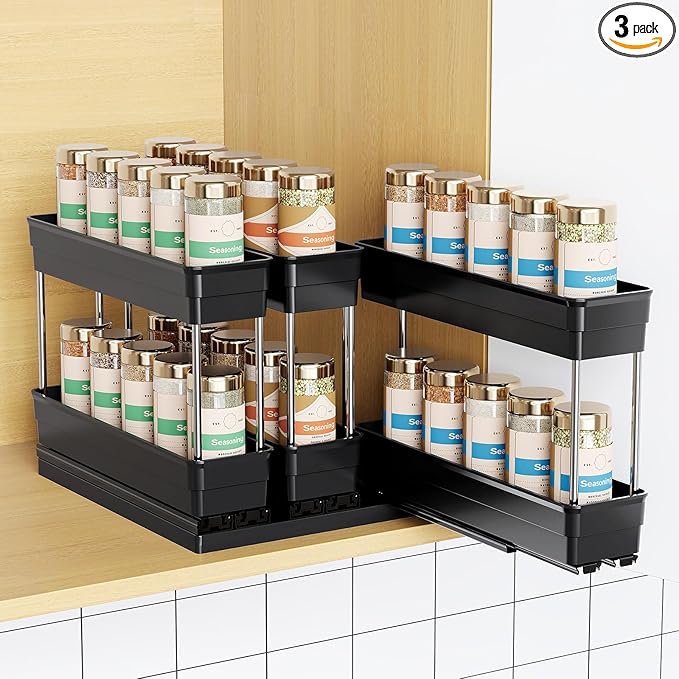 Pull Out Spice Rack Organizer for Cabinet, Slide Out Spice Racks Organizer, Easy to Install Spice Cabinet Organizers, 2.3''Wx10.35''Dx8.26''H, 3 Pack-2 Tier(Black)