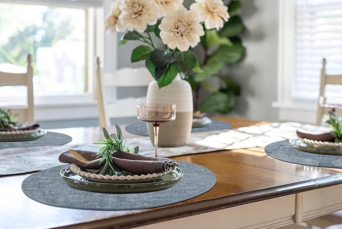 homing Round Faux Leather Placemat and Coaster 8 Packs, Washable Heat Resistant Dining Place Mats, Wipeable Double-Sided Table Mats for Indoor and Outdoor, Diameter 13 and 3.93 inch, Blue