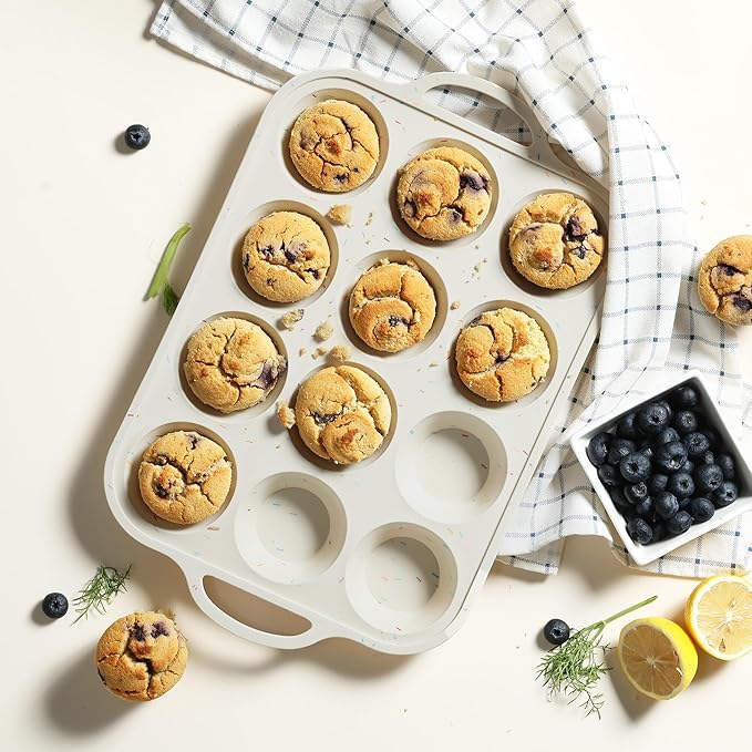 12 Cups Silicone Muffin Pan with Metal Reinforced Frame Regular Size Cupcake Pan Tray Egg Bites Silicone Circle Cookie Molds Muffin Tin Tart Pans Home Baking Supplies Stuff Necessities Cookware