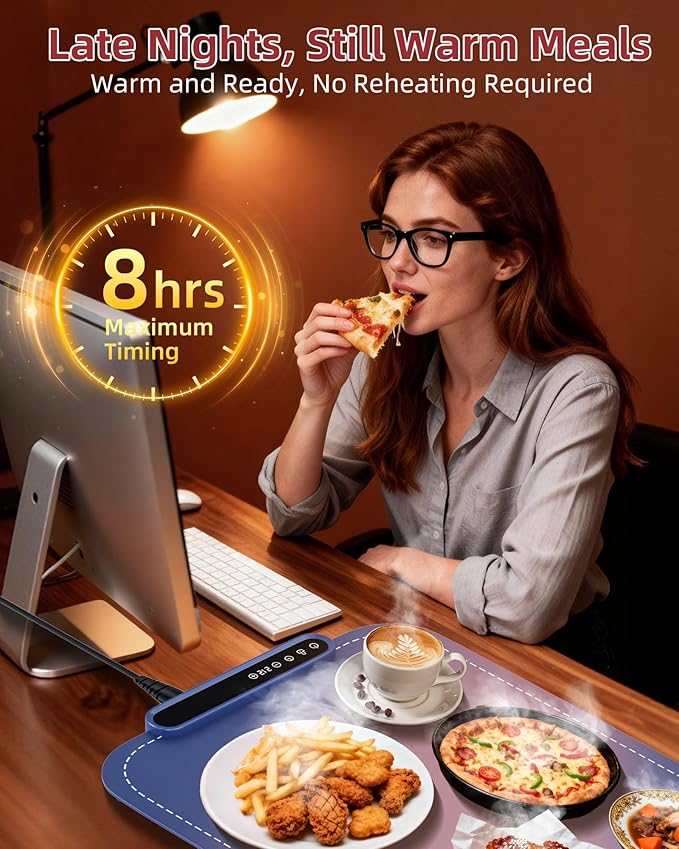 Warming Mat for Food, Upgraded Fast-Heating Electric Warming Tray with 7 Temp Levels & 8 Timers, Buffet Raised Feet & Rollable Silicone Heat Pad, Portable Food Warmer for Home, Party & Travel (Blue)