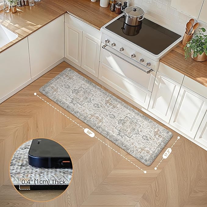 GENIMO Kitchen Mats for Floor, Washable Anti Fatigue Mat for Cushioned, Waterproof Kitchen Rugs, 17.3"x59", Non Slip Comfort Standing Mat Rug for Home, Runner, Sink, Office, Laundry, LightTaupeBrown