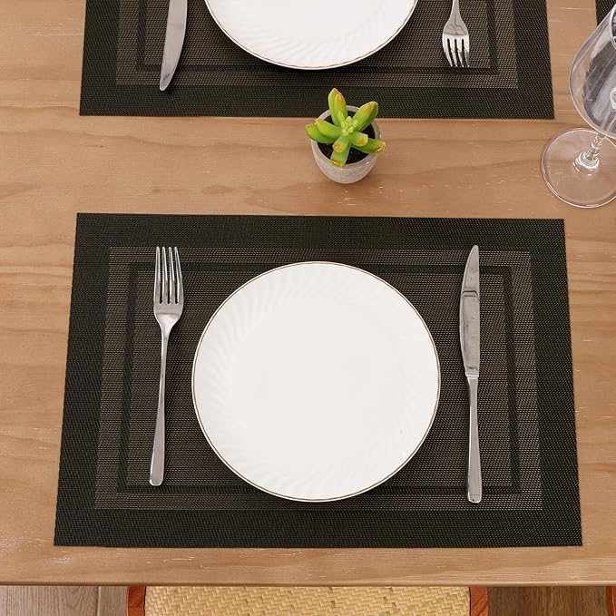 SHACOS Woven Vinyl Placemats Set of 4 Wipe Clean Place Mats for Dining Table Heat Resistant PVC Weave Table Mats Indoor Outdoor (4, Frame Black Gold)