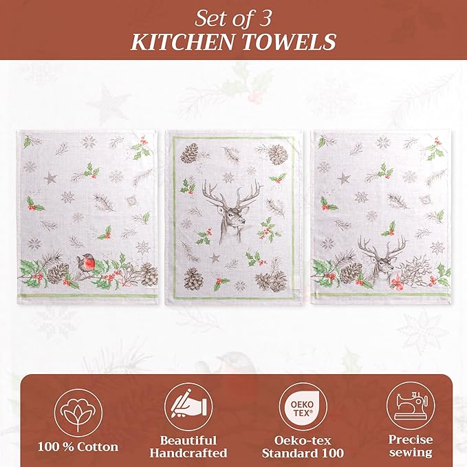 Maison d' Hermine Kitchen Towels Set of 3 100% Cotton 20" x 27.5" Reusable Cloth Tea Dish Towels Absorbent with Hanging Loop for Kitchen Dining Thanksgiving Christmas Decorations (Christmas Dew)