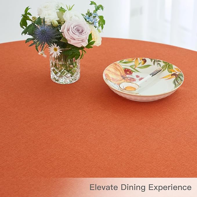 maxmill Round Linen Textured Fall Tablecloth Spill-Proof Wrinkle Free Table Cloth for Circular Table Cover, Halloween Tablecloths, Dining Room Harvest Thanksgiving Pary Holiday Dinner, 70 Inch, Rust