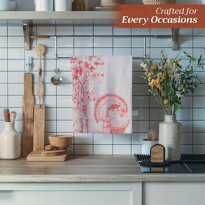 Maison d' Hermine Kitchen Towels Set of 3 100% Cotton 20" x 27.5" Reusable Cloth Tea Dish Towels Absorbent with Hanging Loop for Kitchen Dining Thanksgiving Christmas Decorations (Holy Jouy - Red)