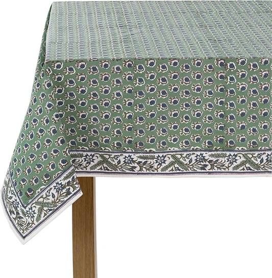 Ridhi Basil Green 60 x 90 Inches Rectangular Cotton Washable Tablecloth, Hand Block Print Floral, for Kitchen, Dining, Spring, Easter, Wedding, Birthday, Bridal
