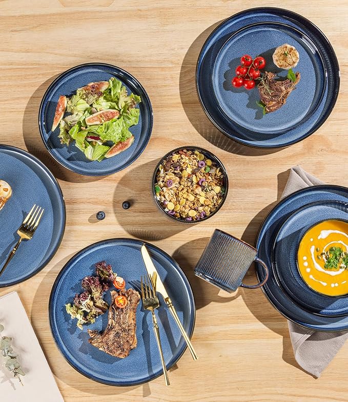 TheTerra Ceramic Dinnerware Sets for 8, 24 Pieces Porcelain Lightweight Speckled Plates and Bowls Sets, Scratch Resistant Dish Set, Oven & Microwave & Dishwasher Safe, Starry Blue