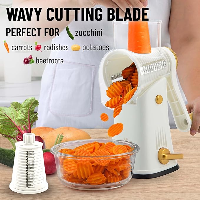 Zulay Kitchen Rotary Cheese Grater 5 Blade Cheese Shredder - Manual Hand Crank Cheese Grater With Reinforced Suction & 5 Interchangeable Drums - Easy to Use, Vegetable Chopper Round Mandoline Slicer