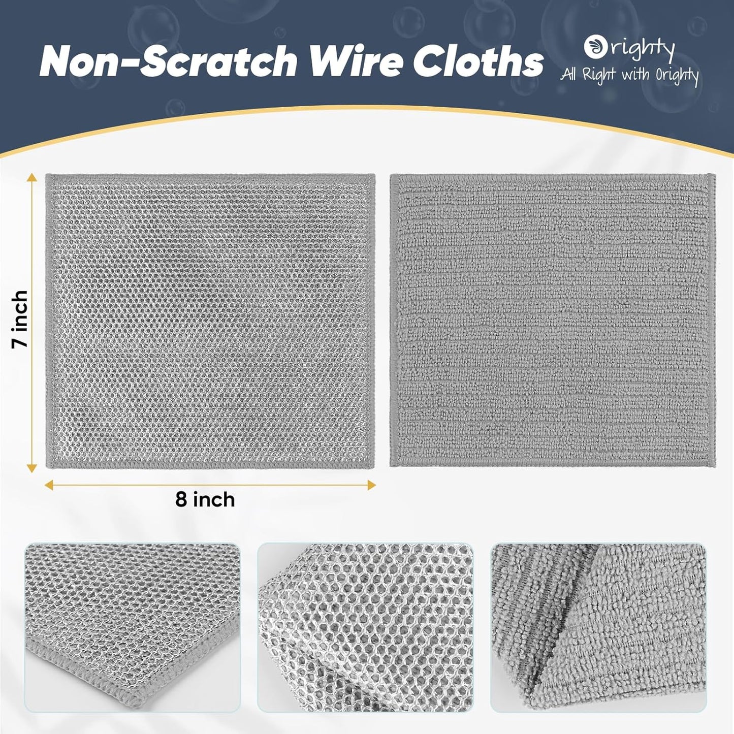 Orighty Multipurpose Wire Dishwashing Rag 24 Pcs, Upgraded Double-Layer Non-Scratch Wire Dish Cleaning Cloths, Reusable Steel Scrubber for Kitchen, Powerful Dishcloth Rag for Cookware, Grey, 7"x8"