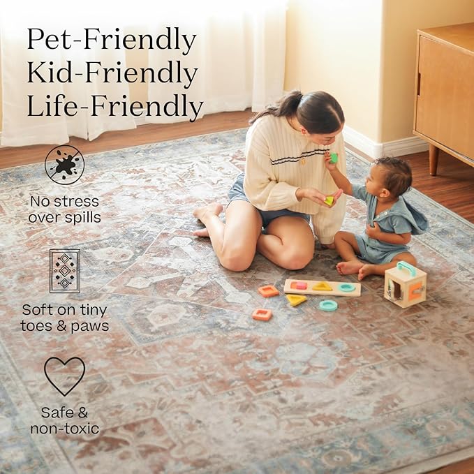 RUGGABLE Washable Vintage Runner Rug – Kamran Blue Quartz 2.5x7, Stain-Resistant, Non-Slip Hallway Runner – Machine Washable Rug for Hallway, Entryway, Living Room & Kitchen–with Cushioned Pad