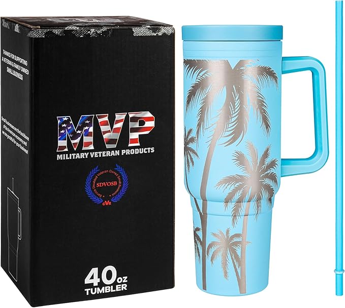 Engraved Palm Trees 40oz Insulated Tumbler with Handle, Lid & Straw - Use for Water, Tea, Coffee & More-Disabled USMC Vet Owned Small Business
