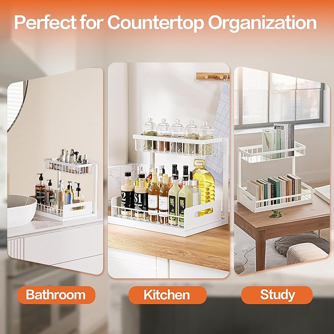 VUSIGN Under Sink Organizer, 2 Tier Pull Out Bathroom Cabinet Organizer, Under Kitchen Sink Organizers and Storage, Under Sink Shelf,2 Pack, White