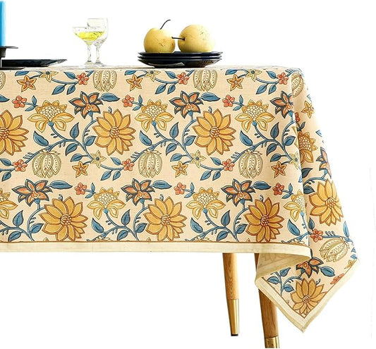 French Tablecloth for Rectangle Tables,Linen Table Cloth with Yellow Flowers Pattern,Heavy Durable Table Cover for Dining Thanksgiving Kitchen Decor Party Christmas,63"*110"