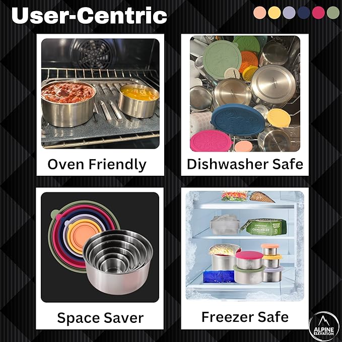 12 Pcs - 6 Stainless Steel Containers + 6 Silicone Lids | 304 Stainless Steel Snack Container | Nesting Snack and Dip Containers | Metal Food Storage