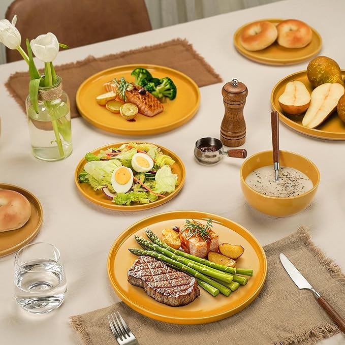 24 Pieces Farmhouse Stoneware Dinnerware Set for 8, Speckled Ceramic Plates and Bowls Set, Matte Terracotta Underside Ceramic Dish Set Scratch Resistant Microwave Dishwasher Safe (Ginger Gold)