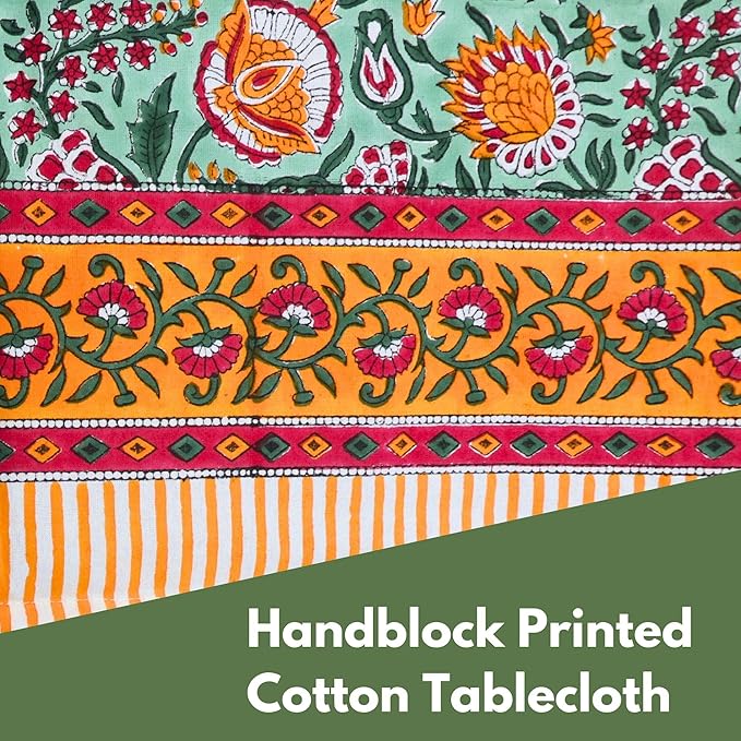 Handblock Print Cotton Tablecloth – 72x135 Rectangle Table Cover Seats 8-10 – Indian Block Printed Floral Dining Table Linen – Boho Washable Cloth for Kitchen, Party, Outdoor (Forest Green)