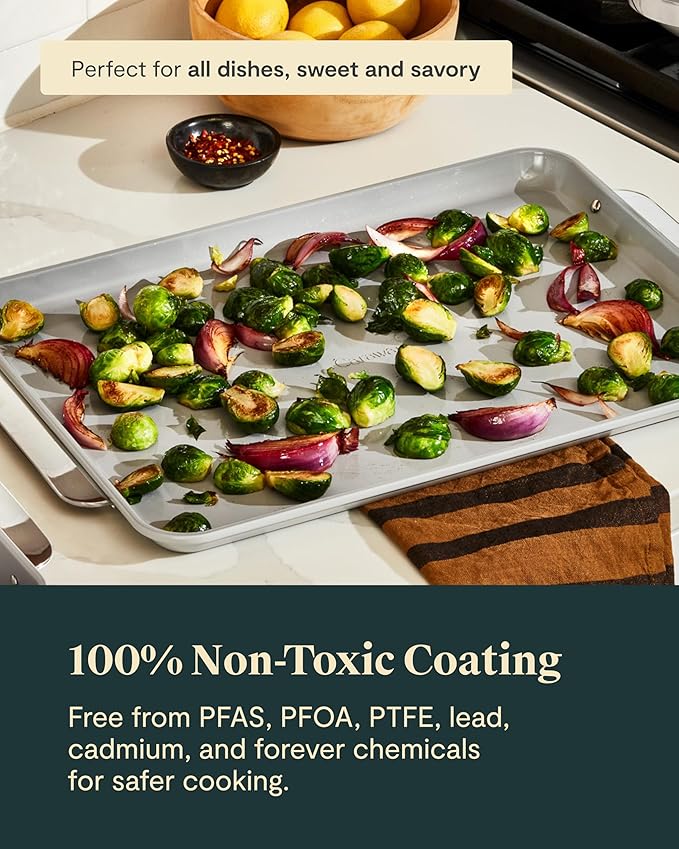Caraway Non-Stick Ceramic Large Baking Sheet Duo - Naturally Slick Ceramic Coating - Non-Toxic, PTFE & PFOA Free - Perfect for Baking, Roasting, and More - Large (18" x 13") - Cream
