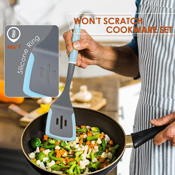 Kitchen Cooking Utensils Set, Non-Stick Spatula Set with Rotating Stand, 6 PCS Silicone Utensils Set for Cooking, 400°F Heat Resistant, Kitchen Gadgets with Nylon Handle & Stable Holder, Grey Blue