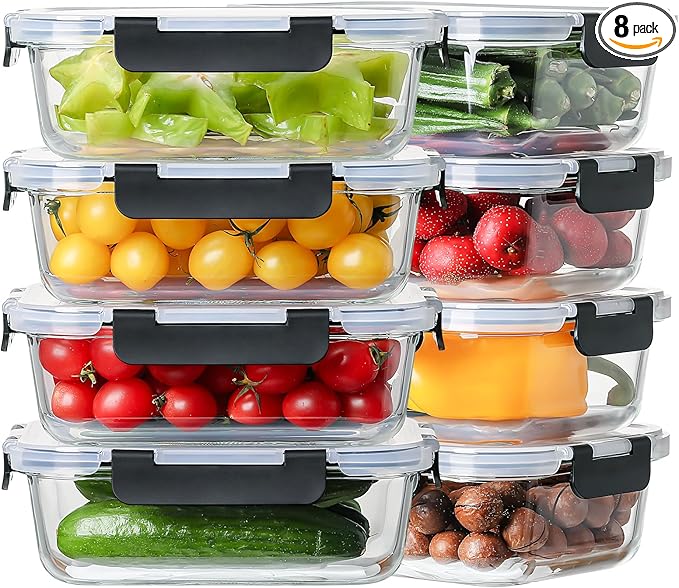 8 Pack 36oz Large Glass Meal Prep Containers with lids, Glass Food Storage Containers with Leak Proof Snap Lock Lids , Airtight Bento lunch Boxes, Kitchen Storage, Oven, Freezer and Dishwasher Safe