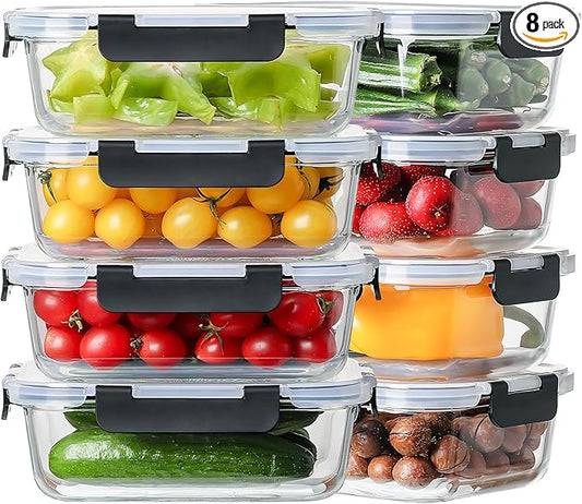 8 Pack 36oz Large Glass Meal Prep Containers with lids, Glass Food Storage Containers with Leak Proof Snap Lock Lids , Airtight Bento lunch Boxes, Kitchen Storage, Oven, Freezer and Dishwasher Safe