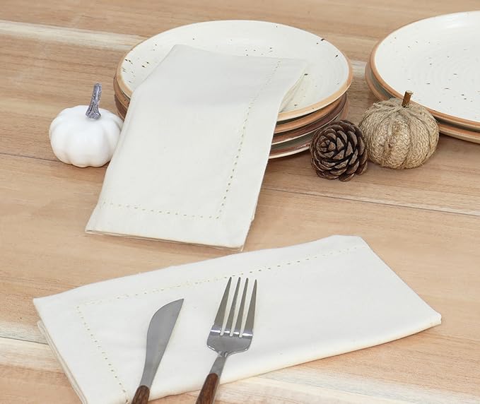 PurpleEssences Set of 12 Hemstitch Cloth Dinner Napkins 100% Cotton - Soft Durable Washable - Ideal for Wedding Christmas Holiday Winter - Perfect Everyday Use Table Linen 18x18 - Cream