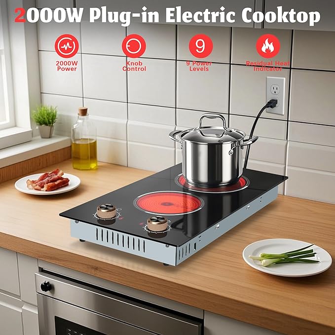 2 Burner Electric Cooktop, Built-in & Countertop Electric Stovetop 12 Inch, Ceramic Cook Top with Knob Control, 9 Power Levels Setting, Over-Temperature Protection, 110V - 120V Plug in