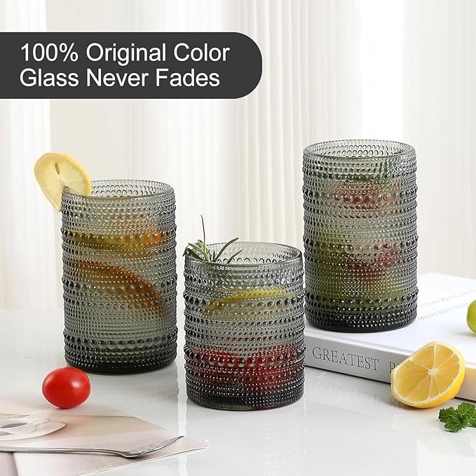 Vintage Hobnail Drinking Glasses Set of 8,Grey 12 oz & 15oz Highball Glass Cups, Kitchen Drinkware Glassware,Embossed Water Tumbler,for Beer,Cocktail,Whiskey,Juice and Various Mixed Drinks