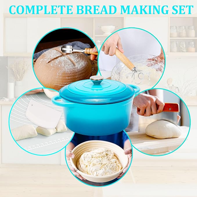 5QT Enameled Cast Iron Bread Oven with Proofing Basket for Sourdough Bread Baking, Bread Making Supplies Tools,Heavy-Duty Cookware for Braising, Stews, Roasting, Bread Baking (Teal)