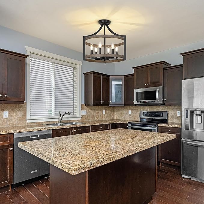 6-Light Farmhouse Chandelier, Metal Faux Wood Hanging Pendant Lighting, Convertible Semi Flush Mount Ceiling Light Fixture Rustic Black Chandeliers for Dining Room Kitchen Foyer Entryway