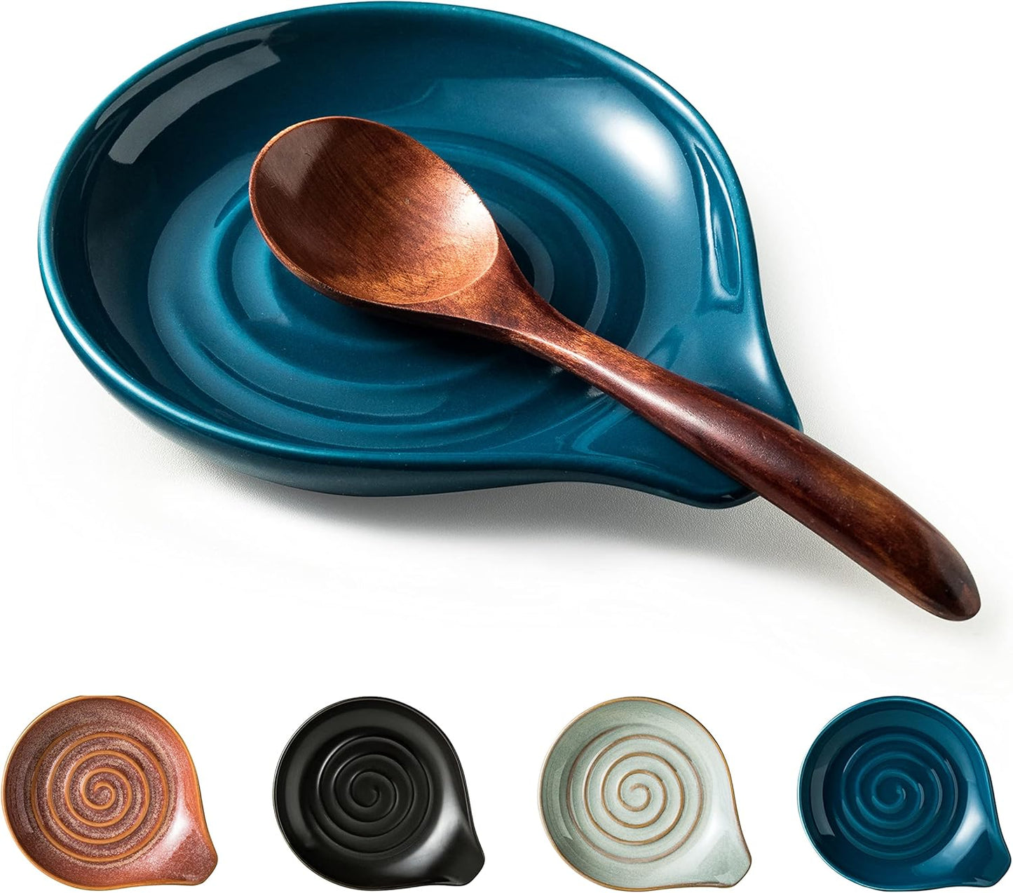 Spoon Holder, Ceramic Spoon Rest for Kitchen Counter Farmhouse Cooking, Large Utensil Rest for Spoons, Ladles, Tongs, Spatula, 5 Inches (Blue)