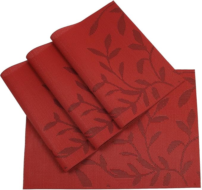 SHACOS Woven Vinyl Placemats Set of 8 Red Leaf Pattern Wipeable Place Mats for Dining Table Heat Resistant PVC Table Mats Indoor Outdoor (8, Leaf Red)
