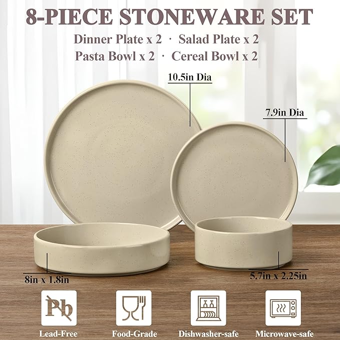 Herogo 8 Piece Dinnerware Sets with Double Bowls, Ceramic Dinner Dishware for 2, Stoneware Plate and Bowls Set for Kitchen Dining, Microwave & Dishwasher Safe, Speckled Khaki