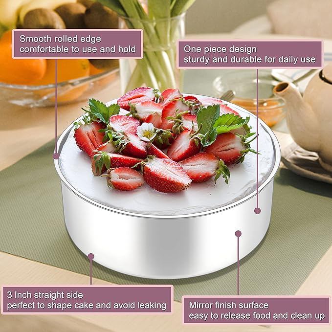 Herogo 8'' x 3'' Cake Pans Set of 2, Stainless Steel Deep 8 Inch Round Baking Pan, for Layer Birthday Wedding Christmas Cakes, Mirror Finish & Healthy, Deep Side & Oven Safe