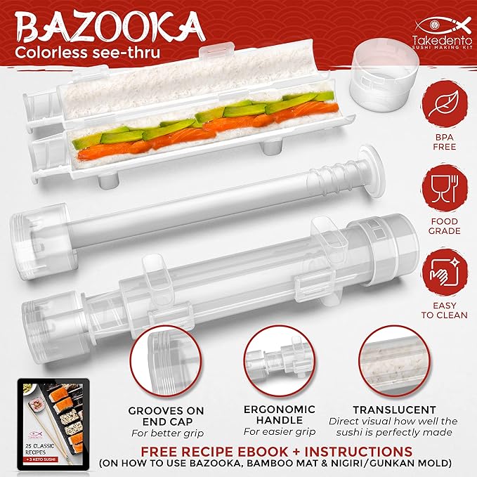 DIY Sushi Making Kit for Beginners – Transparent Sushi Bazooka – Food Grade Safe– Traditional Bamboo Sushi Rolling Mats – 23 Piece All You Need Sushi Making Kit